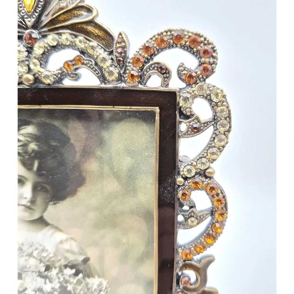 Tizo Jeweled Metal Picture Frame Amber & Champagne Crystal Ornate Baroque 5x7.5